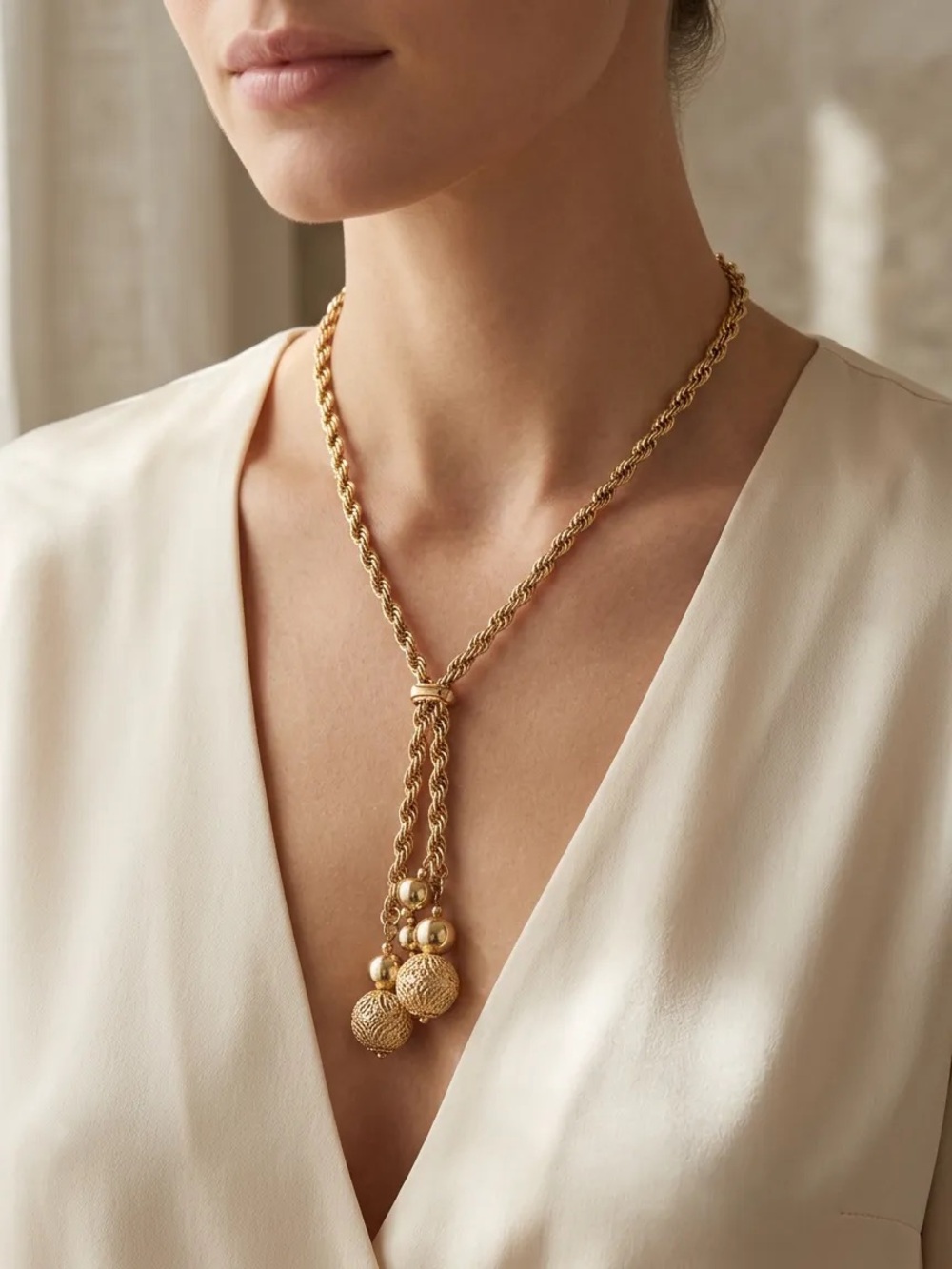Adjustable Gold-Tone Rope Lariat Necklace with Ball Tassels
